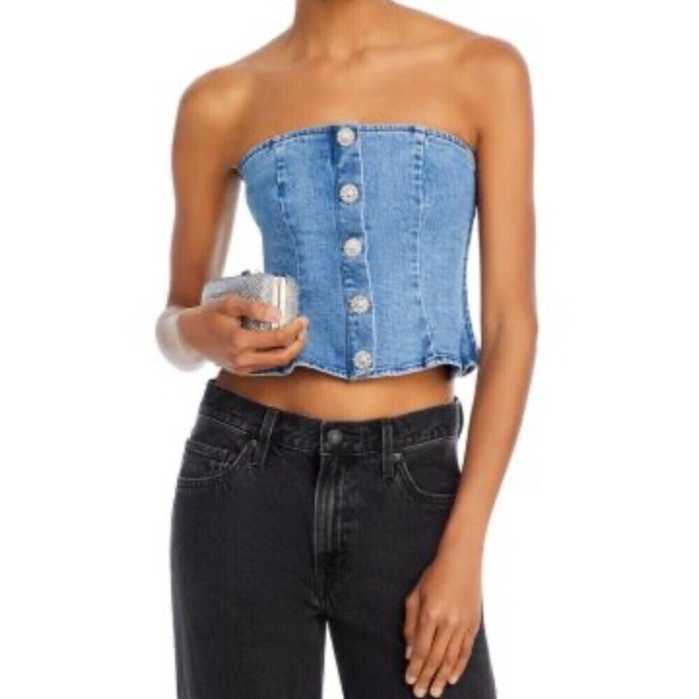 GANNI Rhinestone-Embellished Denim Bustier Blue Size 36 / US 4 Small - Picture 3 of 13